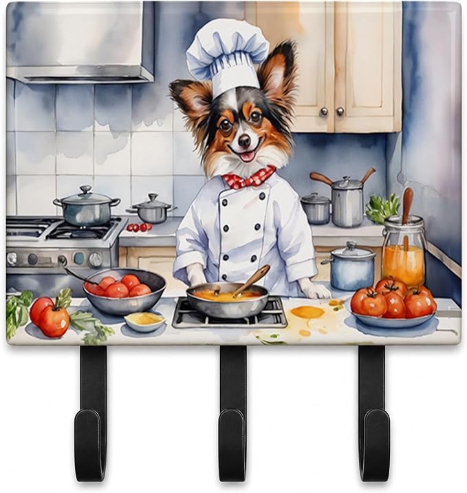 Caroline's Treasures Papillon The Chef Leash or Key Holder Wall Hooks, Key Hooks Holder, Coat Rack Wall Mount, Coat Hooks, Hooks for Hanging Keys, Towels, Aprons, Leashes | Papillon The Chef artwork on ceramic tile with three steel hooks for keys, leas...