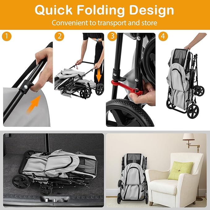 Dog Stroller with 2 Detachable Carrier, Pet Stroller for Small Medium Dogs Cats, Jogger/Travel/Camping, 4-in-1 Doggy Pet Carrier, Carrier Strolling Cart with Lockable Wheels (Gray)