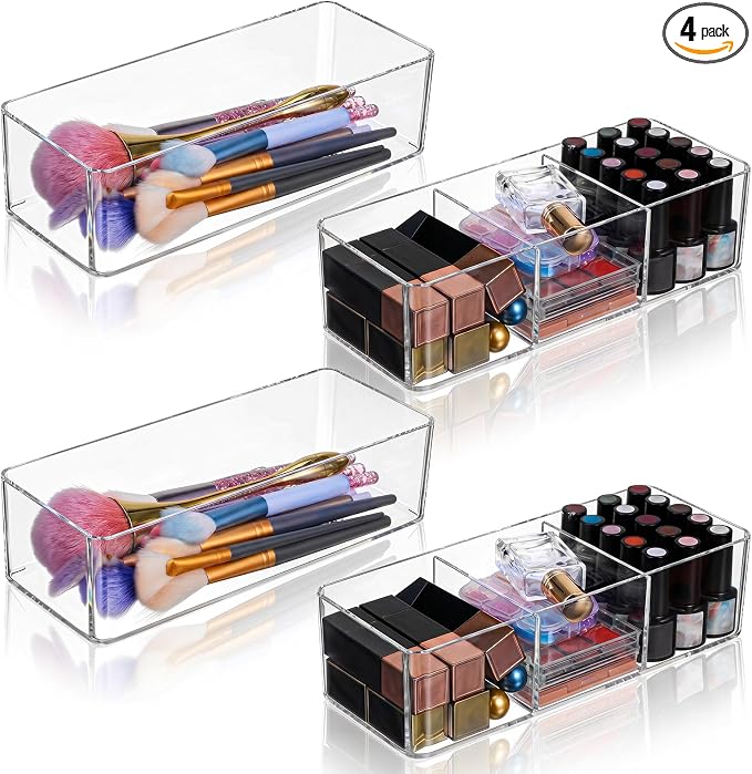 4-Piece Acrylic Organizer Set, Makeup Organizer for Drawer, Vanity, Countertop, Bathroom & Kitchen Storage, Clear PET Desktop Organizers with Compartments (2 Open + 2 Three-Cell Boxes)