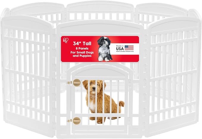 IRIS USA 8-Panel Dog Playpen, Pet Enclosure, White | Pet Containment, Custom Pen Configuration, Multi-Shape Setup, Flexible Boundary, Stable Non-Tip Base, Tool-Free Assembly