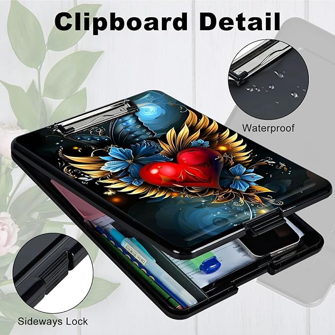 Winged Heart A4 Clipboard with Storage Pen Holder, Clipboards Organizer Nursing Clipboard Foldable File Folder Plastic Clipboard Folio Clip Board for Office Students Classroom Doctor
