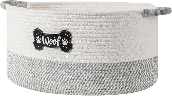 Dog Toy Basket, Dog Toy Box Organizer Baskets, Woven Cotton Rope Pet Puppy Dogs Toy Bin With Handle, Chew Toys Blankets Leashes Grey Storage Baskets for All Pets - Puppies to Large
