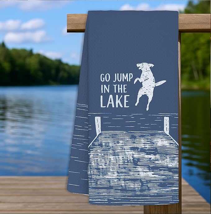 Blue Lake House Decor Dish Towels,Lake House Gifts,Funny Lake Dog Kitchen Towels Decorative,Dog Lover Mom Gifts Hand Towels Drying Cloth for Kitchen Bathroom Decor,16x24 Inch