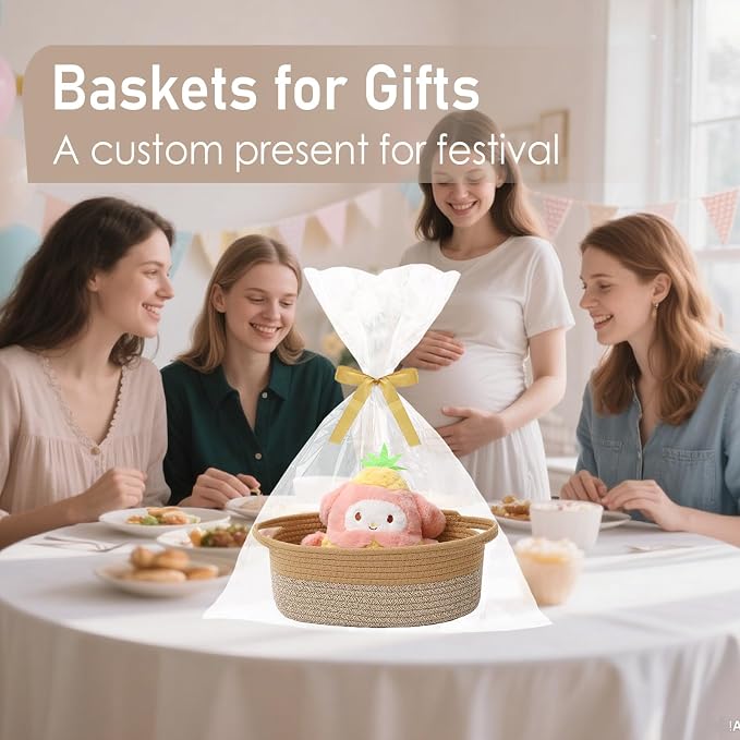 JMvicyroam Small Woven Basket, Empty Gift Basket, Jute&Brown/3 Pack | Small Gift Basket, Cotton Rope, 12 x 8 x 77 in, Handles, Includes Ribbon and Bag, Birthday Gift Basket