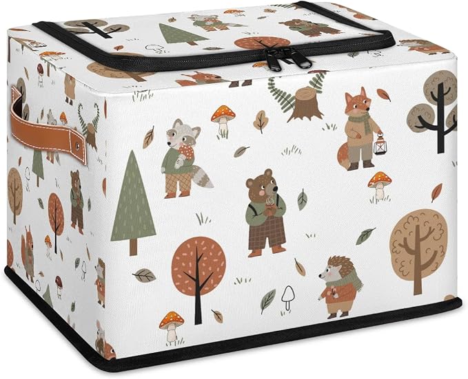 Wolf Bear Hedgehog Storage Baskets - Cute Animal Plants Bin Collapsible Organizer Cube with Zipper Lid, Mushroom Leaves Tree Box with Handles for Home Bedroom Office, 24L