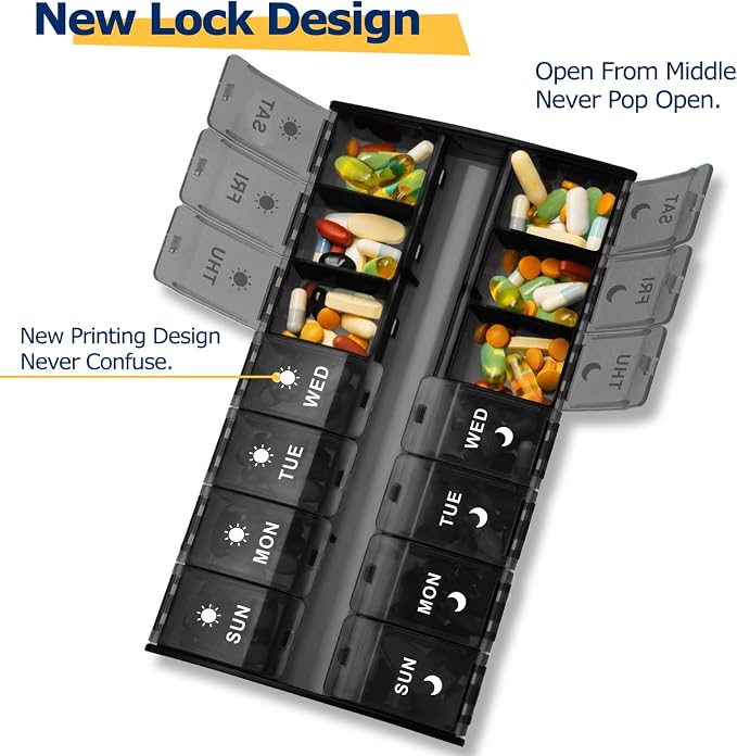 Mossime XL Pill Organizer 2 Times a Day, 7 Day Am Pm Pill Box | 7 Day AM/PM Pill Box, Hinged Lids & Secure Lock, Big Pill Box Holder Twice a Day, For Vitamins, Supplements & Medication