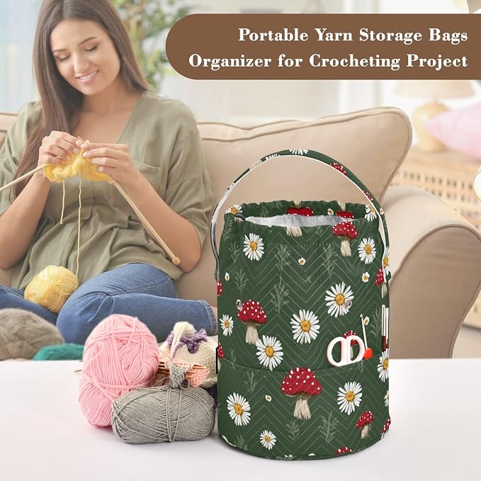 Tatenale Crochet Bag Yarn Bag Knitting Project Bag with Pockets and Handle Portable Yarn Storage Organizer Tangle Free 8.3x11 InchBoho Mushroom Daisy Green08