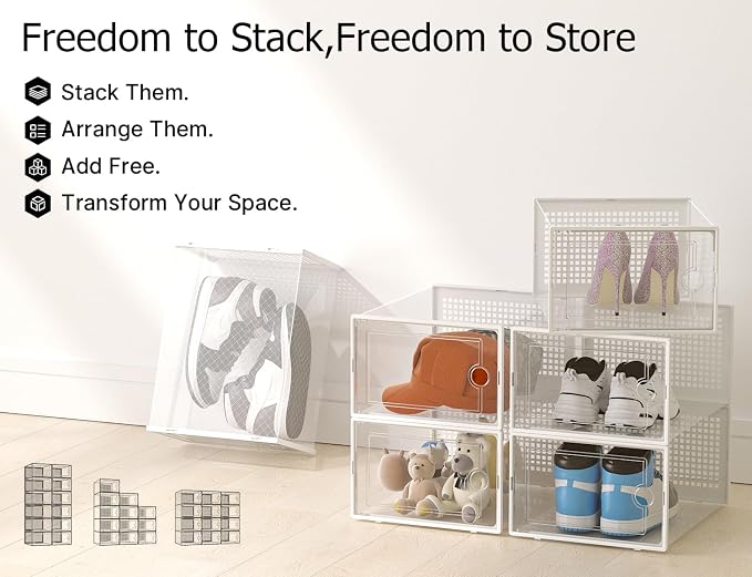 Kuject XX-Large Shoe Storage Boxes 12 Pack, Clear Stackable Shoe Organizer | Shoe Case for Closet, Entryway & Under-Bed Storage, Drop-Front Design, Space-Saving Solution for Family Organization,White