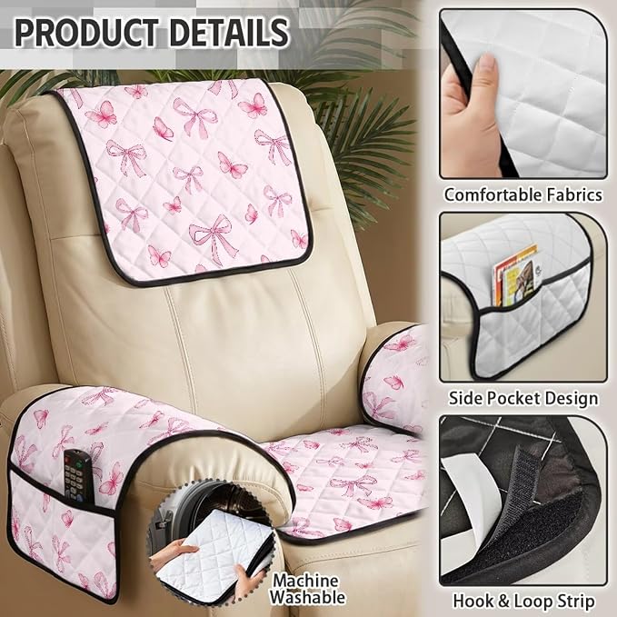 Pink Bow Recliner Slip Covers that Stay in Place 4 Piece | Quilted Recliner Chair Covers with Arms Stain Resistant Recliner Cover for Reclining Sofa Armchair,Non-Slip