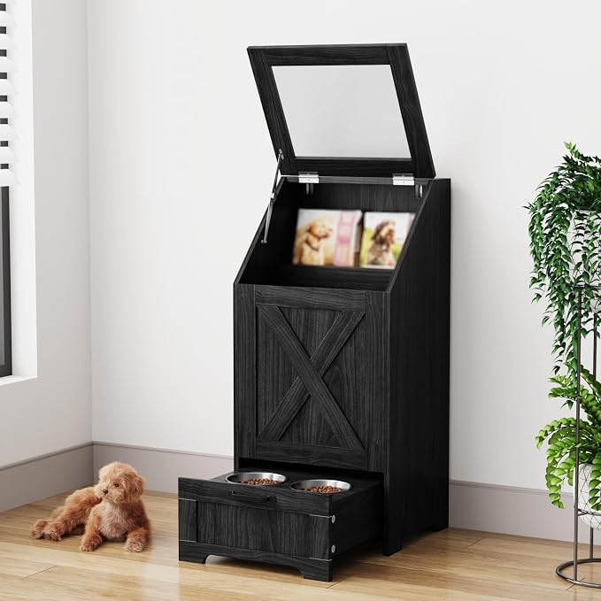 Dog Feeding Station with Storage Cabinet & 2 Elevated Bowls,Black | All-in-one Pet Feeding Station: Sealed Food Bin + 2 Pull-out Elevated Bowls + Shelf + Side Hooks. Moisture-Proof.