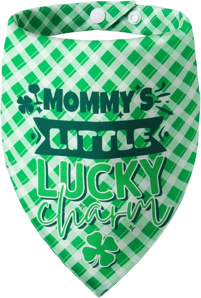 Dog Bandanas for St. Patricks Day 2-in-1 Daddy's/Mommy's Little Lucky Charm - Double-Sided Green Plaid, Pet Lucky Holiday Costumes Scarf with Snap Button, Small & Medium Breeds (5-30lbs)