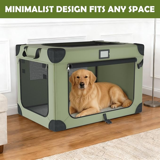 42 Inch Travel Collapsible Dog Crate Green with Signature Card，Storage Bag | Chew-Proof Mesh Window,Sturdy Frame,Soft Blanket & Foldable Bowl,Waterproof & Easy to Clean,Portable for Camping，Mesh Windows