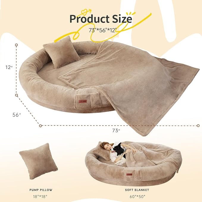Fvkind Adult Dog Bed for Humans, Human Dog Beds, 73"x56"x12", Khaki | Giant Dog Bed for Humans, Faux Fur Removable Washable Cover, Orthopedic High Density Foam, Oversized Human/Dog Bed for Home