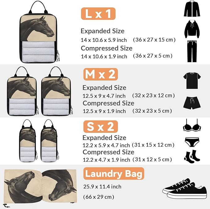 Horse 6 Set Compression Packing Cubes Animal Expandable Packing Organizer for Travel Accessories Luggage Suitcase Bag