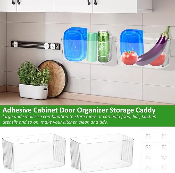 4 PCS Plastic Adhesive Mount Over Cabinet Door Organizer, Under Sink Door Storage Shelf Refrigerator Side Storage Box, Wall Organization Container for Kitchen Bathroom Office