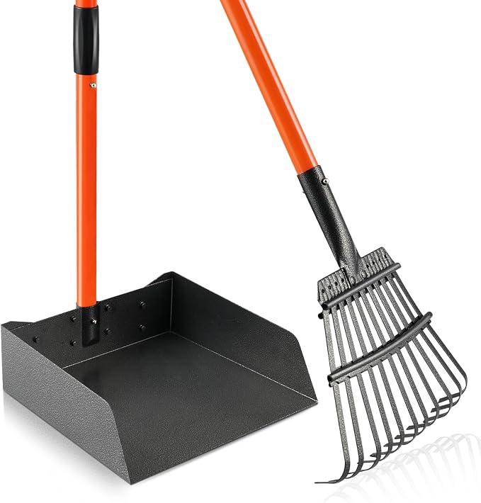 Pooper Scooper for Large Dogs, Heavy Duty Long Handle XL Metal Rake & Tray | Fits Multiple Pets,Stainless Steel, Rust-Proof, 38.5" Extended Reach, for Grass Dirt Gravel, Heavy Duty, No Bending Required