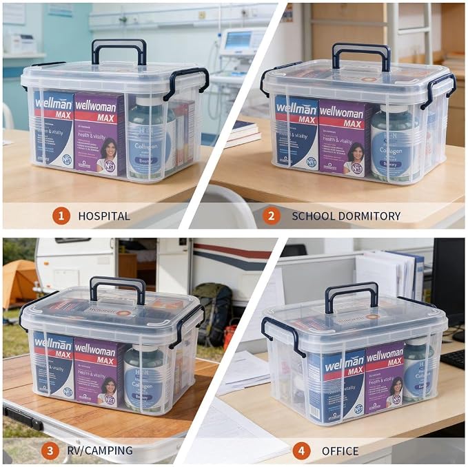 HEY FOLY 15qt Medicine Organizer Storage Box with Tray, Set of 2 Plastic First Aid Box Empty, Thickened Medicine Container Chest, Multipurpose Medical Case with Labels, Blue Medicine Caddy
