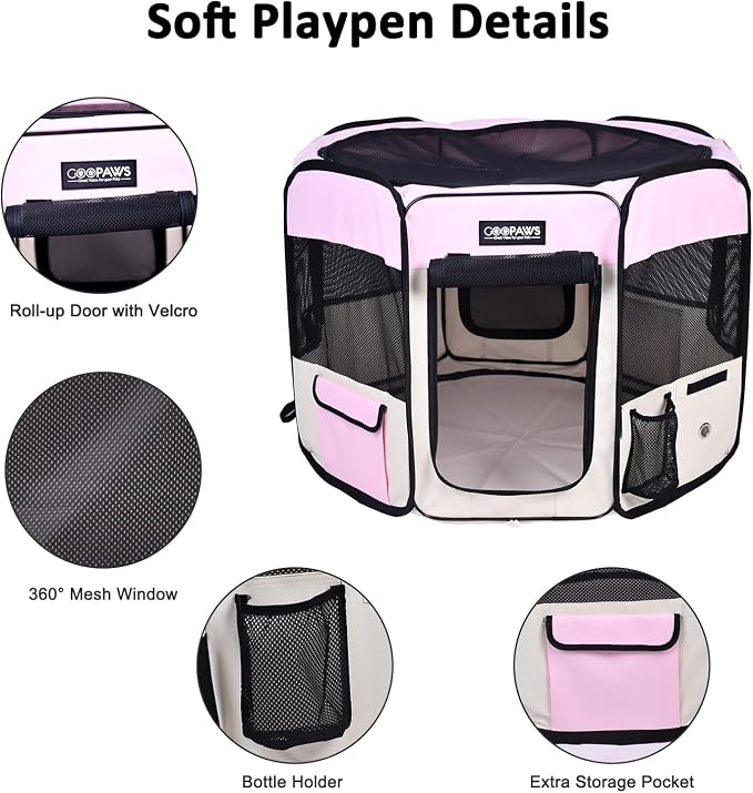 Jespet Soft Dog Playpen, Portable Pet Exercise Pen Kennel with Carry Bag | 2-Door, Easy to Fold, Ground Stakes, Zipper Locks, Large Storage Pocket, Washable Top Mesh Cover & Bottom Cover