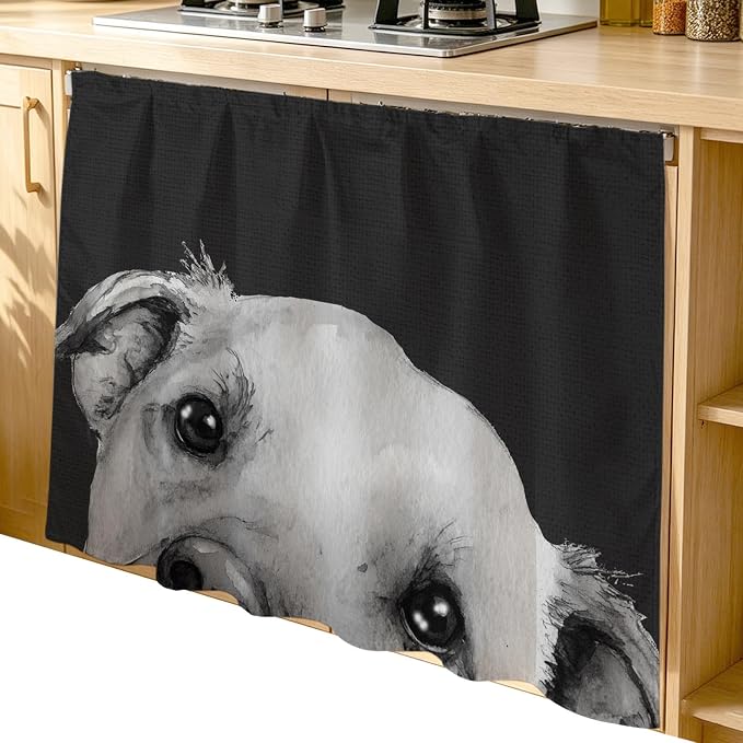 Black Dog Cabinet Curtain 35"Wx35"L,Dustproof Under Sink Skirt with Self Adhesive Tape,Cute Pets Eyes Animals Fur Vintage Oil Painting Cabinet Curtain Cover for Kitchen Sink,Bathroom Vanity,Laundry