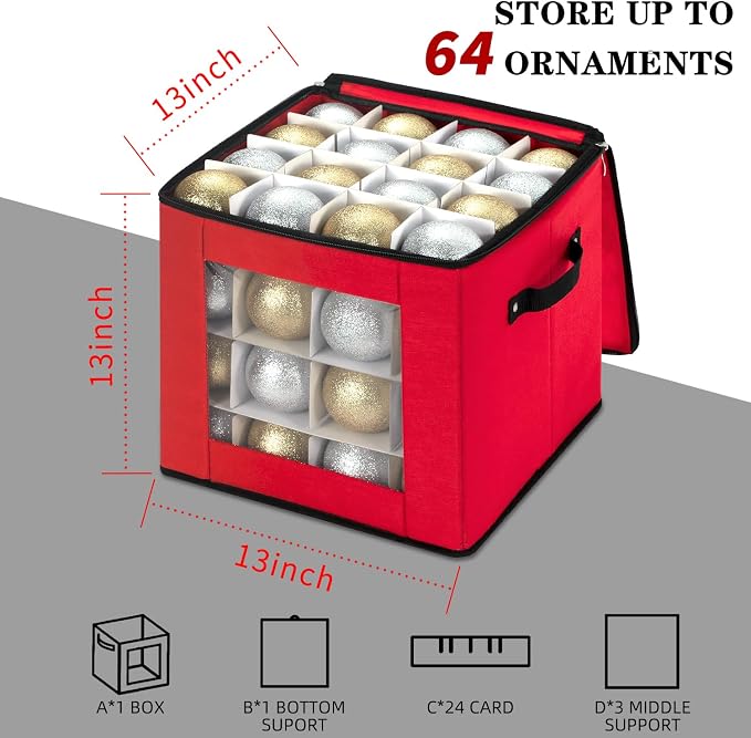 Christmas Ornament Storage Box with Adjustable Dividers, Premium Holiday Ornaments Storage Container Bin with Zippered Top for Xmas Decorations (64-3" Balls, Red, Without Tray)