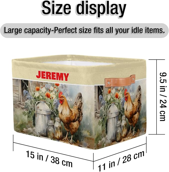 Custom Storage Baskets for Kids with Name, Large Foldable Organizer Collapsible Storage Bin with Leather Handle for Home Toys Closet Nursery, Farmhouse Hen Countryside