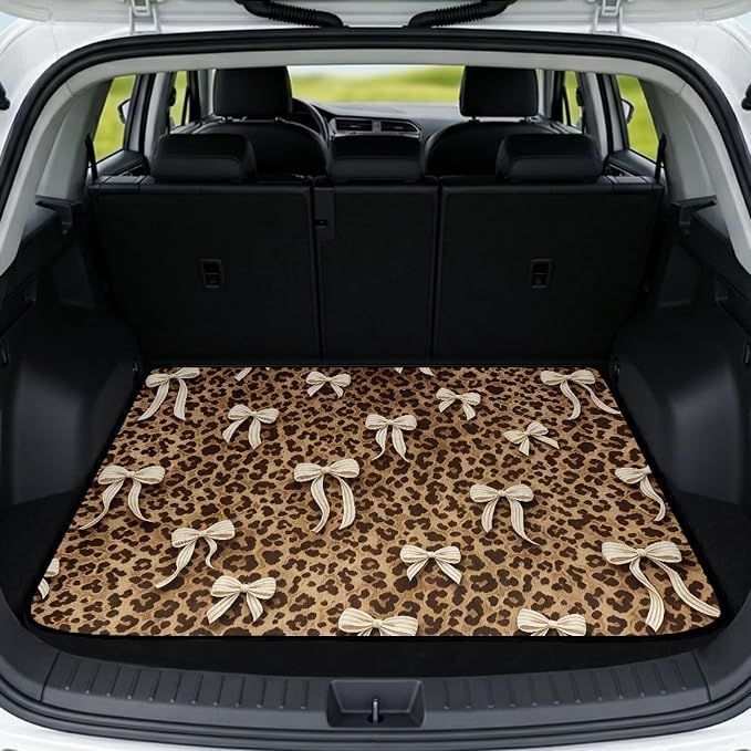 Howilath Heavy Duty Car Trunk Mat 29"x39" All Weather Leopard Print Bow Cargo Liner with Anti-Slip Backing Easy Clean Rear Protection