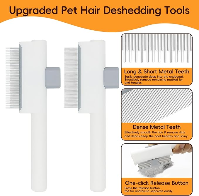 3 in 1 Self Cleaning Pet Grooming Kit : Slicker Brush & Flea Comb & Dematting Comb for Dogs and Cats, Deshedding Tool for Long & Short Haired Pets (White)