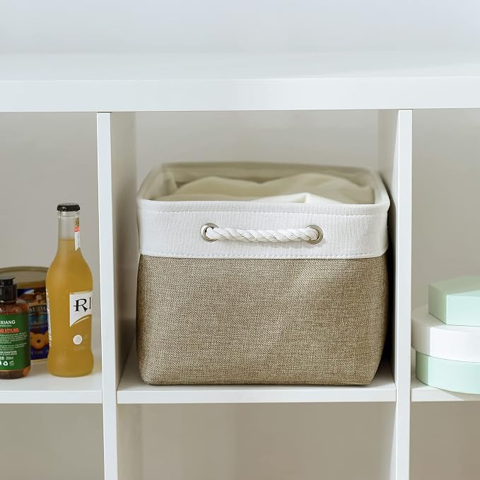 Storage Basket for Organizing - 16x12x8 inch Large 3 Pack Collapsible Storage Bin for Shelves with Handles, Fabric Storage Cubes for Organizer Cloth Gift Toy Closet (Whiet & Khaki)