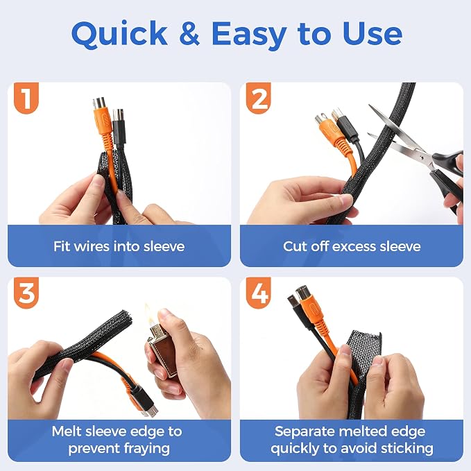 Delamu 10ft - 1/2 inch Cable Sleeve Cord Protector from Pets No Chew, Split-Braided PVC Wire Loom Tubing for Desk Computer USB TV Cord Organizer, Easy Set-up Cable Management Sleeve Kit, Black