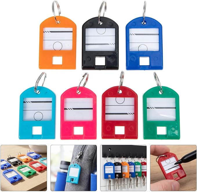 POPETPOP Plastic Key Tags Sturdy Plastic Organizers 100pcs with Split Ring and Personalizable Label, Colored Key Labels and Random Color for USB Drive and Small Luggage for Offices
