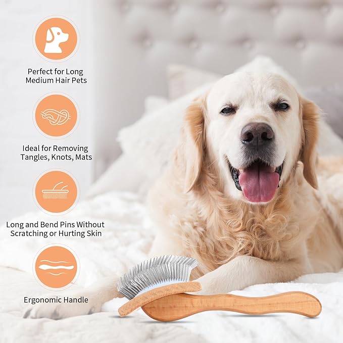 Dog Slicker Brush for Goldendoodles, Poodles & Long Haired Dogs - Long Pin Doodle Brush & Pet Comb Kit Removes Tangles Loose & Knots, Professional Grooming Tools with Wooden Handle, Natural