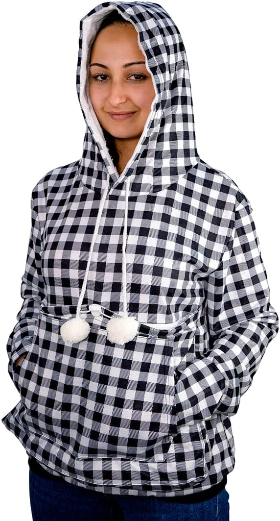 Pet Pouch Hoodie - Cat Dog Holder Sweatshirt Large Pocket Carrier Pullover Tops for Women (Black+White, X-Large)