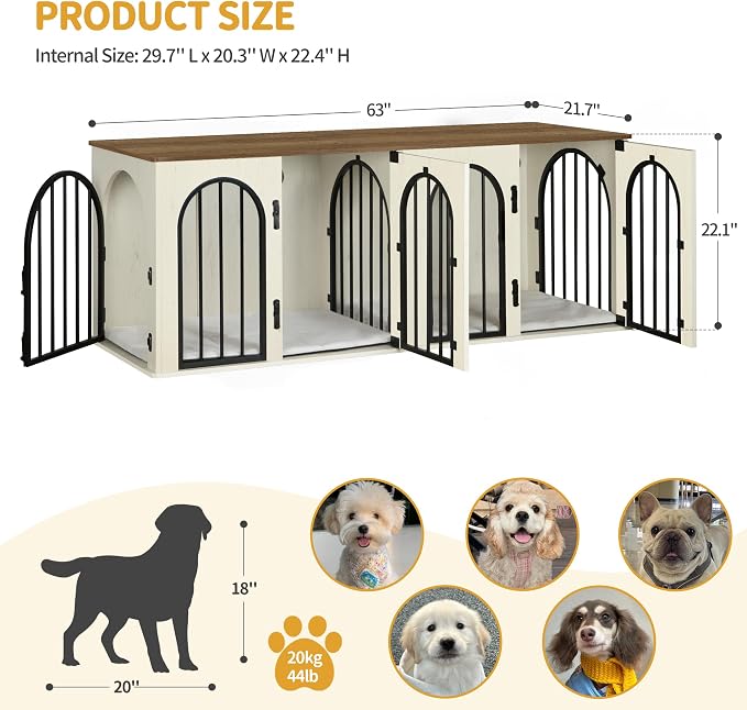 Hzuaneri 63" Double Dog Crate Furniture, Dog Kennel Indoor with Cushion | Heavy Duty Dog Crate Furniture for 2 Dogs,Dog Cage End Table TV Stand with Divider for Med-Large Dogs,White Brown DFC80914BV1