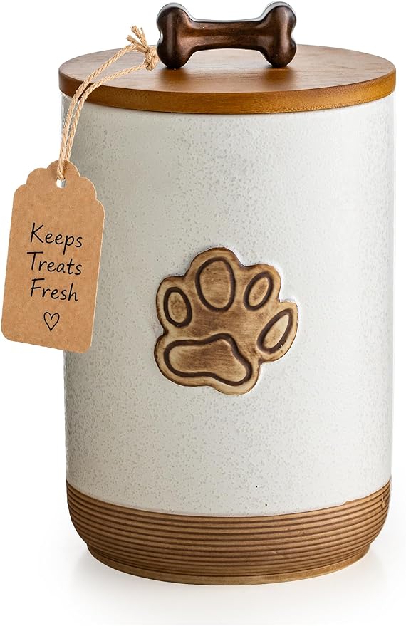 Miamolo Dog Treat Container Airtight Jar with Lid, Keep the Pet Treat Fresh | 8 Cups Small Dog Food Storage Container for Counter | Ceramic Farmhouse Dog Biscuit Jar | Dog Lovers Gift, Paw Glinting White