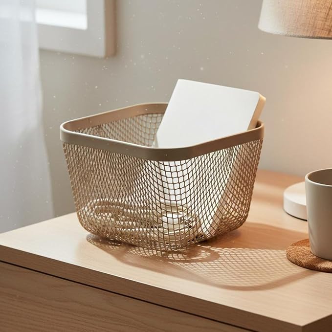 Metal Storage Basket Wire Organizer Bin Mesh Container Holder Ventilated Iron Construction With Smooth Surface For Pet Supplies Grooming Items In, White, Square