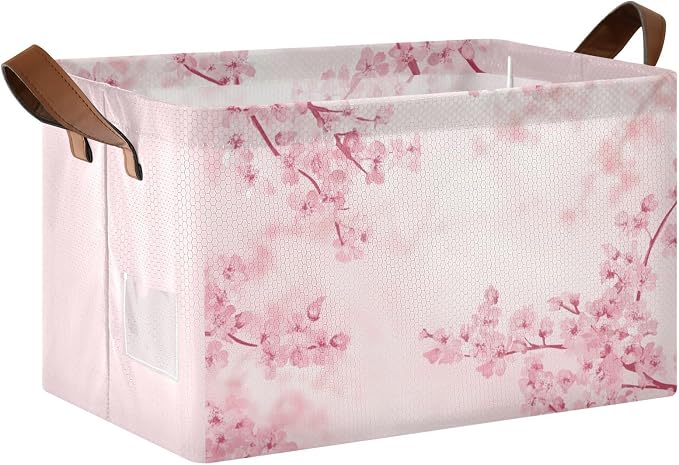 Pink Cherry Blossom Storage Bins for Shelves with Labels&Handles Fabric Organizer Bin Foldable Rectangle Storage Basket Japanese Flower Boxes for Closet, Bathroom, Home, Living Room, Laundry