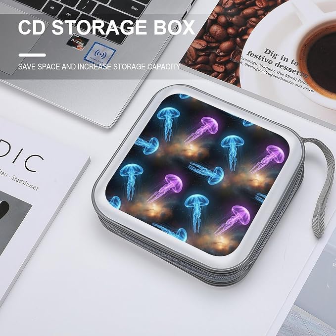 Portable CD Storage Case for 40 Discs Space Jellyfish, Hard Shell Binder with Handle, Protective Organizer for Car Office Travel