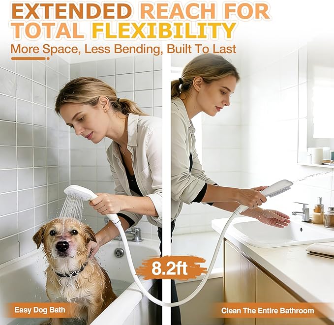 Jamini Dog Shower Attachment, Handheld High-Pressure Sprayer with Brush for Fast and Easy Indoor/Outdoor Dog Bathing, 4 Modes, 8.2ft Hose, G1/2" Brass Shower Diverter