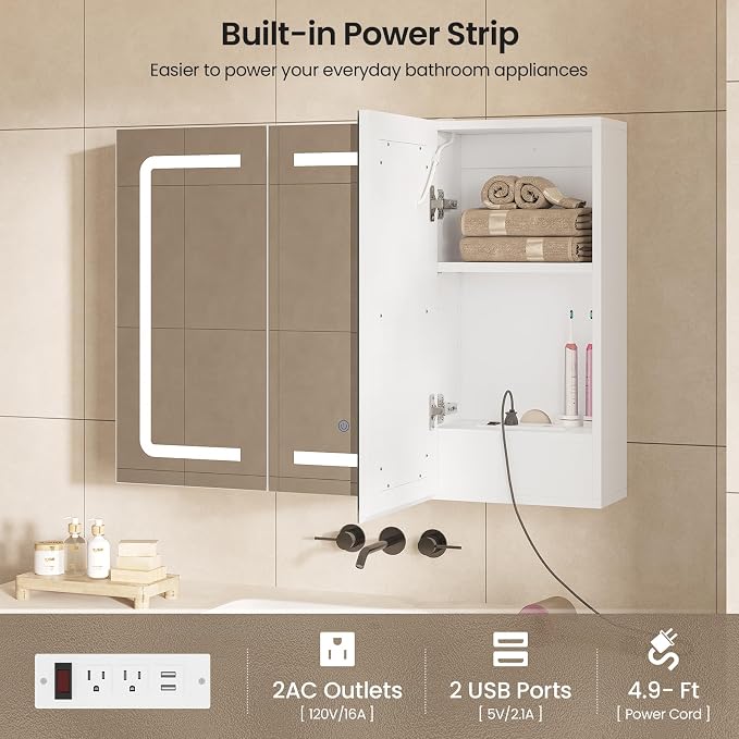 Medicine Cabinet Organizer with Mirror, Lighted Bathroom Medicine Cabinet with Storage, 3 Doors Bathroom Wall Cabinet with LED Lights, Adjustable Shelves & Outlets, 31.5'' x 23.6'', White