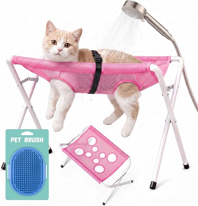 Cat Bathing Hammock, Stainless Steel Foldable Pet Bathing Stand with Restraint Straps, Multi-hole Anti-Scratch Washing Holder Station for Easy Feline Washing & Nail Trimming, Supports up to 40lbs，Pink