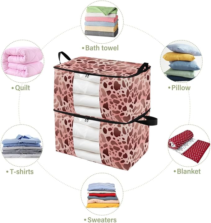 Generic Pink Black Cow Print Clothes Storage Bag Bins 2 Pack Foldable Storage Containers Large Closet Organizer with Zipper Under Bed Storage for Comforters Clothing Pillows 95L