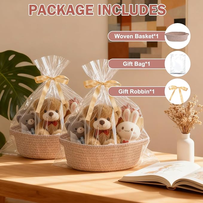 Small Basket with Gift Bags and Ribbons，Small Woven Basket Cute Oval Cotton Rope Gifts with Handle Empty Baby Wicker Storage for Baby Showers Pet Toy Bin (Brown, 2 Pack (12"x 8"x 3.74"))