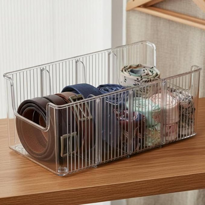Belt Organizer Storage Bin Holder Case With Adjustable Dividers PET Container For Belts Ties Watches Jewelry Stackable Transparent Display For closet