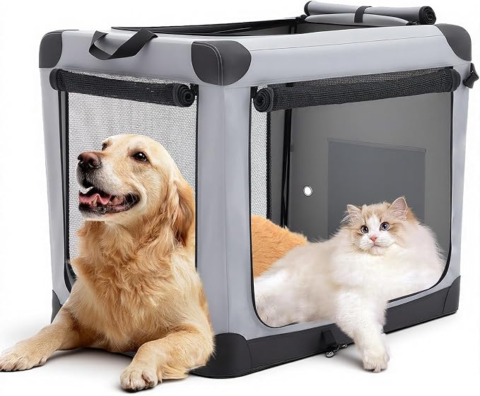 DUMOS Soft Dog Crate 30 Inch, Large Foldable Outdoor Cat Carrier | Foldable Portable Design, Indoor Outdoor Travel Kennel, Storage Bag, Washable Pad, Grey