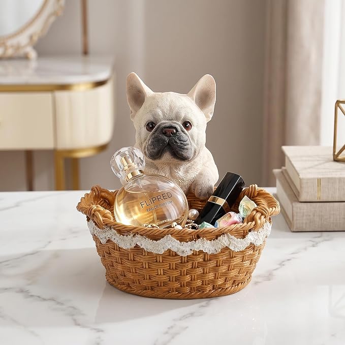 Cute French Bulldog Candy Bowl, Resin Dog Figurine Key Bowl for Entryway Table, Desktop Storage Basket Organizer for Desk, Unique Dog Lover Gift