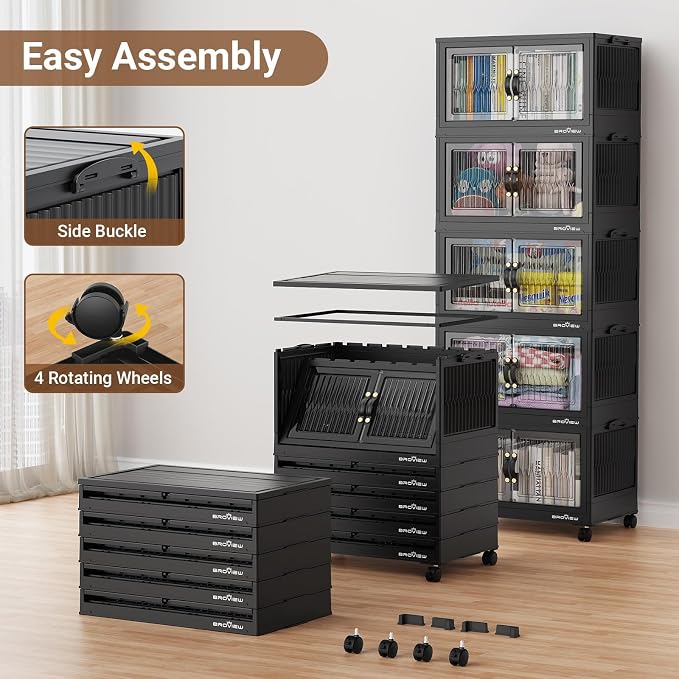 BROVIEW 320Qt Stackable Storage Bins with Lid for Home Dorm, 4Pack Black | Closet Organizers, Foldable & Collapsible Cabinets, Large Containers, Wheels & Magnetic Doors, Plastic Drawers for School