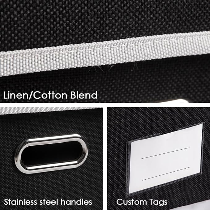 Foldable Storage Bin with Lid [5-Pack] Linen Fabric Decorative Storage Box Organizer Container Basket Cube with Handles Divider for Closet Office Living Room Black(14.9x9.8x9.8)