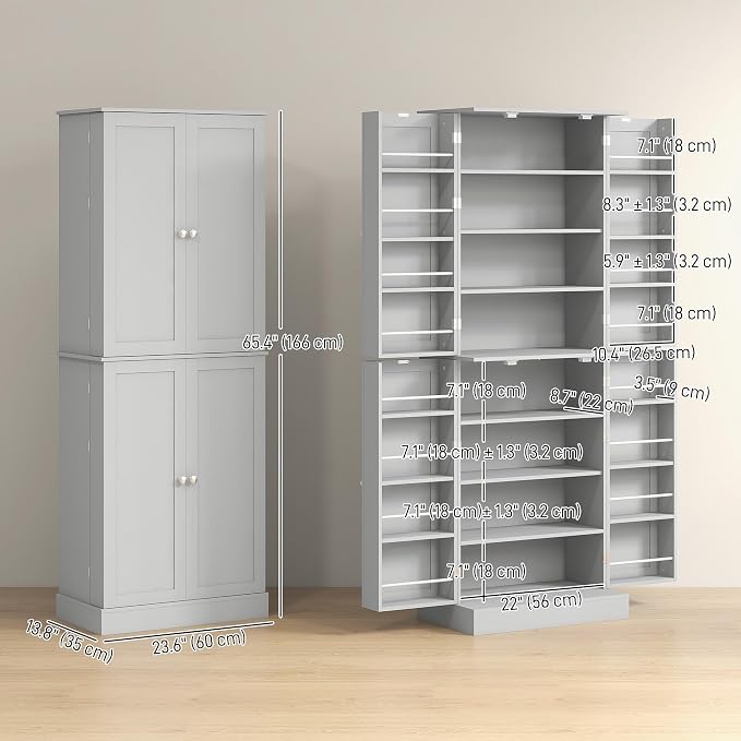 HOMCOM 65" Kitchen Pantry Storage Cabinet 16 Door Shelves Gray | Freestanding Kitchen Cabinet, 4 Doors, 8-Tier Shelving, Adjustable Shelves
