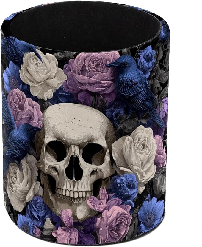 Faux Leather Pen Holder for Desk, Pencil Organizer Skull and Bird Pen Cup Desk Decor Makeup Brush Holder Storage for Office Home