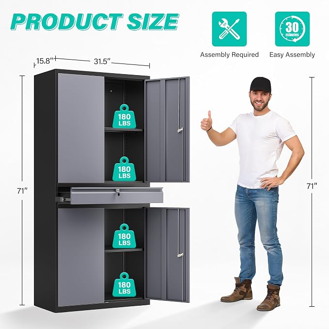 Metal Storage Cabinet with Doors and Shelves,Garage Storage Cabinets with Lock and Drawer,Metal Cabinet with Locking Doors,4 Door Steel Cabinet,71" Tall Lockable Cabinets for Garage,Home,Office